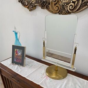 Ornate Brass Frame Table Mirror Vanity Double Sided Lucite MCM Hollywood